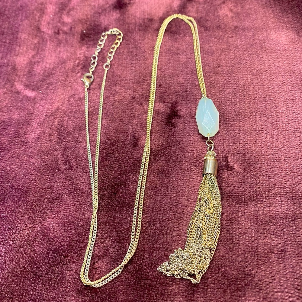 Gold and sea green tassel necklace